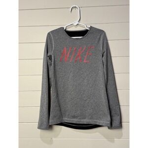 Nike Dri Fit‎ Kids Long Sleeve Athletic Shirt Gray Pink Logo Thumbholes Girls